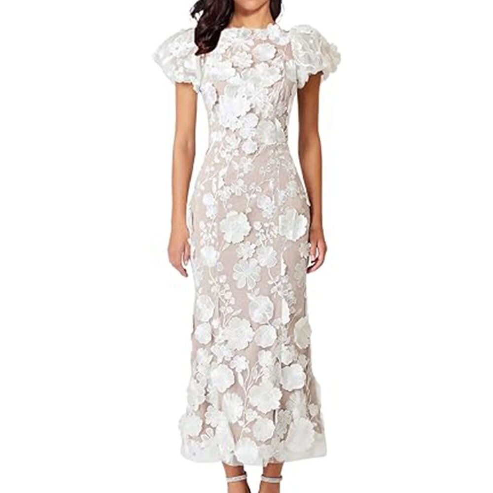 Women's White 3D Floral Midi Evening Lace Formal Dress Cocktail Party S